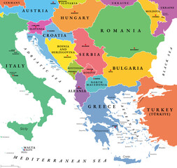 Obraz premium The Balkans and the Balkan Peninsula, multi colored political map, with country borders and capitals. Geographical area in southeastern Europe, bordered by the Adriatic, Ionian, Aegean, and Black Sea.
