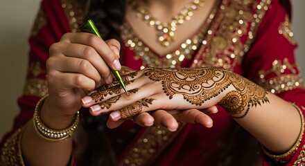 Applying henna on a woman's hand with intricate designs during a traditional cultural ceremony event