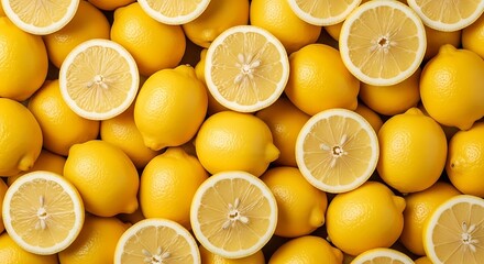 Close up of many fresh yellow lemons.