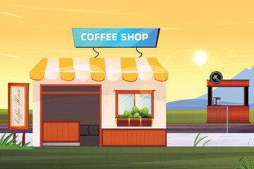 Illustration of a coffee shop with a sign and a drink machine