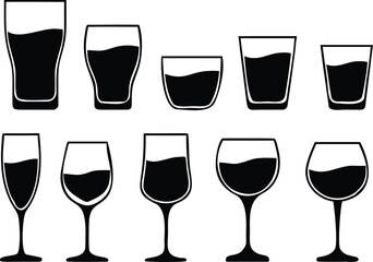 Eight glasses with straws and citrus slices icon set blackt 
