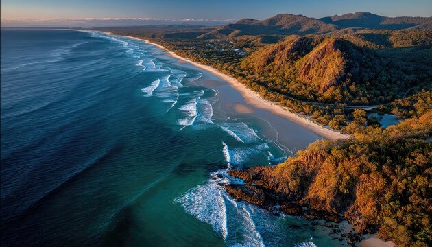 Coastal landscape at sunrise.  Panoramic view of beach, ocean, and mountains