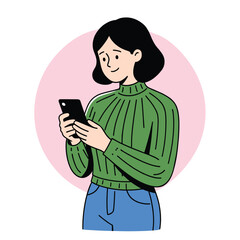 illustration women holding phone flat art, interactions on mobile phones