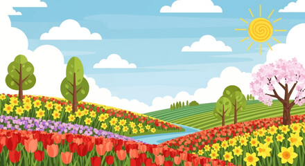 Vibrant Spring Landscape with Blooming Flowers and Trees.