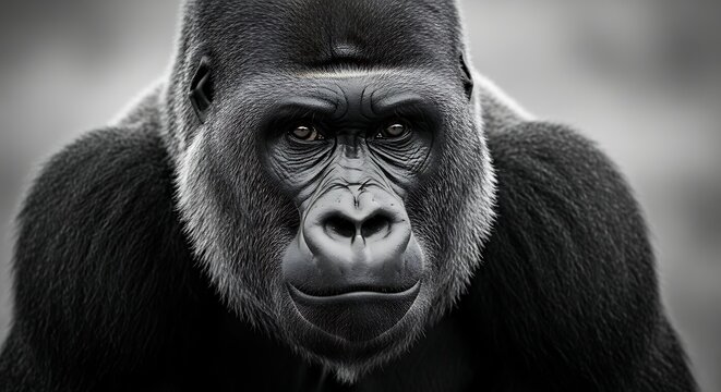 Close-up black and white gorilla portrait, intense gaze, powerful presence, wildlife subject, nature photography. - Powered by Adobe