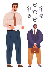 Two business professionals engage in discussion, holding documents and a briefcase, with a blockchain network grid. Ideal for teamwork, blockchain, data, strategy, collaboration, leadership