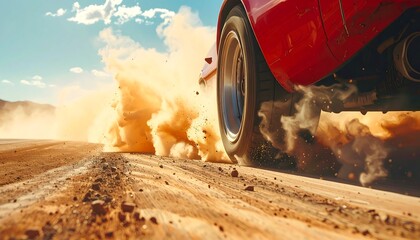 A red sports car speeds across a dusty dirt road, kicking up a large cloud of sand in a vibrant, sunlit scene