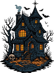 Dark haunted house with glowing orange windows, bats flying, skull and creepy trees. Perfect for Halloween themes, spooky party invitations, posters, stickers, or seasonal decorations. EPS editable.