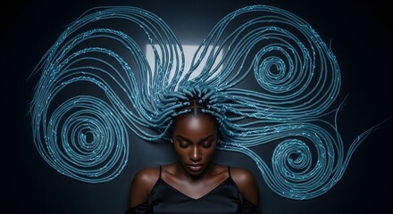 Afro-futuristic woman with striking glowing digital dreadlock hairstyle beauty technology ethereal art portrait serenity connection innovation melanin conceptual