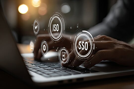 Close-up of hands typing on laptop with overlaid ISO and SSO interface graphics