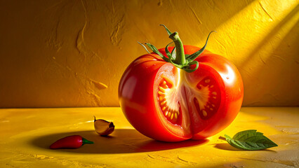 Ripe tomatoes illuminated by sunlight. A painterly image, perfect for still lifes, Mediterranean cuisine, and creative photography inspired by painting.
