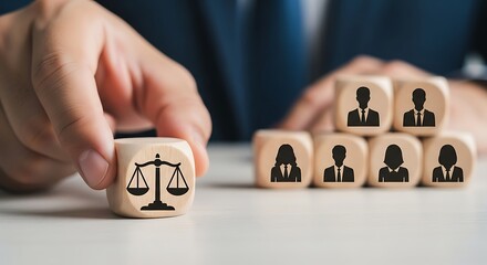 Hand placing a cube with scales of justice symbol in front of people cubes