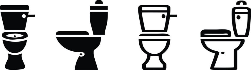 Toilet icon set. Bathroom and restroom sign. Hygiene, sanitation, and plumbing symbol. Flush, seat, and water closet pictogram. Public facility and home utility illustration.