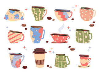 Hand drawn colorful coffee cups of various shapes and sizes. Cute, cozy, patterned cups for tea and coffee. Funny, cheerful ceramic cups in doodle style.