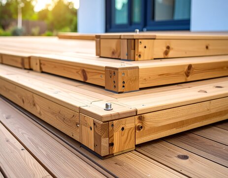 Wooden deck stairs, close-up view