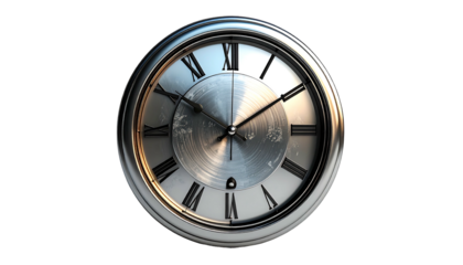 A brushed silver circular clock with Roman numerals, a metallic face, and elegant, beveled edges, showing the time