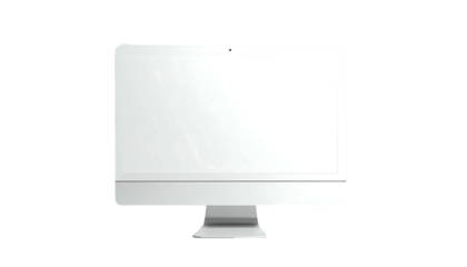 Sleek white all-in-one desktop computer with blank screen, modern design, minimalist aesthetic, and subtle stand