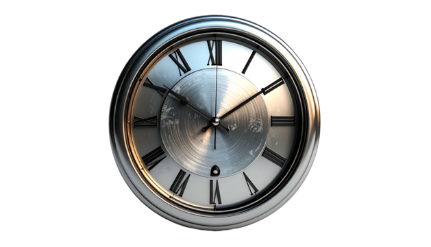 A brushed silver circular clock with Roman numerals, a metallic face, and elegant, beveled edges, showing the time