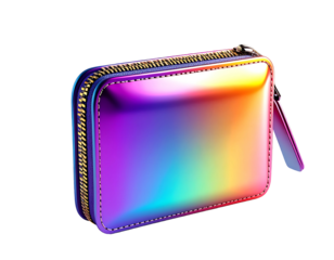 Small, iridescent zip-around wallet with a rainbow gradient, gold zipper, and subtle stitching detail.  The wallet is angled slightly