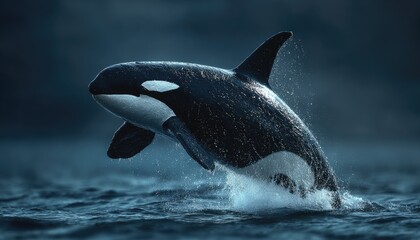 Orca leaping from dark water