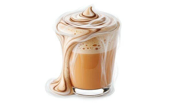 Delicious frothy beverage with a swirl of chocolate syrup overflowing from a clear glass, isolated on a white background, perfect for a sweet treat