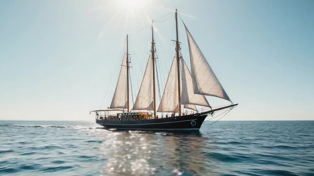Majestic Tall Ship with White Sails on Blue Ocean