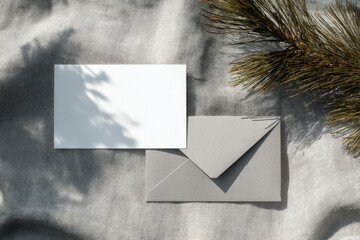 Blank card and envelope on textured fabric, with a pine branch.  Shadows cast softly