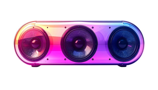 Sleek, iridescent, oblong speaker with three circular drivers, showcasing vibrant pink, purple, and orange hues; a modern audio design