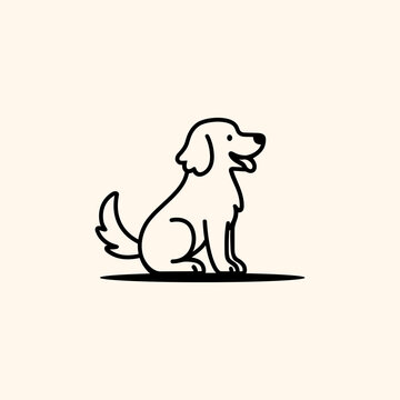 A simple, stylized line drawing of a happy, sitting dog with its tail wagging, depicted in black outline on a light beige background.