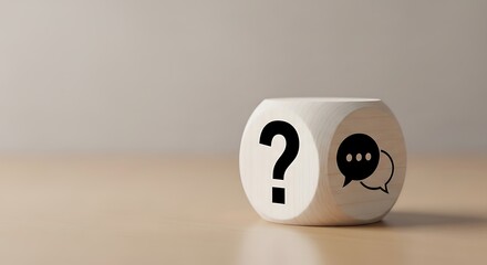 Wooden cube with question mark and speech bubble symbol on table