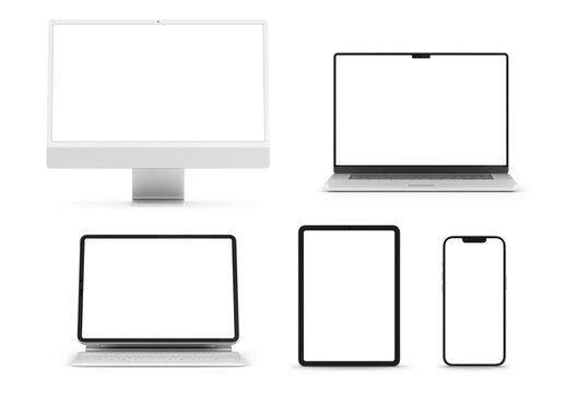 Modern devices screens pack isolated on transparent background. Smartphone, tablet, laptop and computer mockup. Front view. 3d rendering