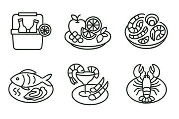 Fototapeta premium Illustrated seafood and picnic items including fish, lobster, fruit, and beverages