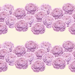 Seamless pattern Watercolor floral pink ranunculus flower bouquet composition border. Hand drawn flowers realistic botanical illustration beige background Wedding invitation greeting card print fabric