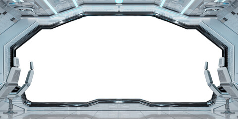 White futuristic spaceship cockpit with isolated cut out transparent window. Glossy starship interior with glowing lights. 3D rendering