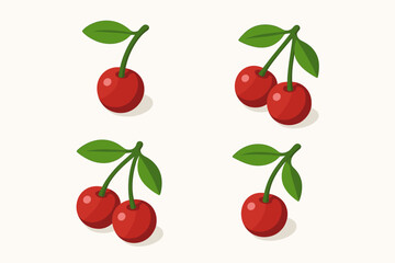 Illustration of red cherries with green leaves on white background