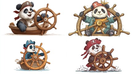 Four adorable cartoon pandas dressed as pirates, each steering a ship's wheel; two are in small boats, two are without boats, displaying variations in pose and attire