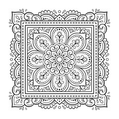 Decorative pattern of flowers and paisley for printing on fabric. Ornament for a bandana, a silk neckerchief, a tablecloth or a kerchief. Square sketch in tribal or oriental style.
