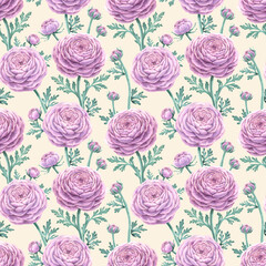Seamless pattern Watercolor floral pink ranunculus flower bouquet composition, green leaves. Hand drawn flowers realistic botanical illustration beige background. Wedding clipart print fabric