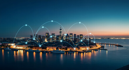 Connected Cityscape at Dusk with Network Connections, Futuristic City at Night with Glowing Data Links
