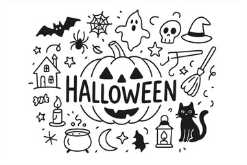 Halloween Doodle Collage. Halloween. Hand-drawn doodle illustration of Halloween. In the middle, one slightly