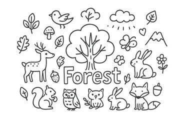 Obraz premium Whimsical Forest Doodle. Forest. Hand-drawn doodle illustration of a forest. In the middle, one slightly