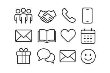 Communication Icons Grid. Keeping in Touch. Line outline icon set of Keeping in Touch: family group, handshake
