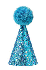 Blue glitter party hat with fluffy pompom isolated on a transparent background cone