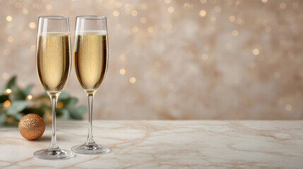 Sparkling champagne flute winter celebration with bokeh lights and festive ornament