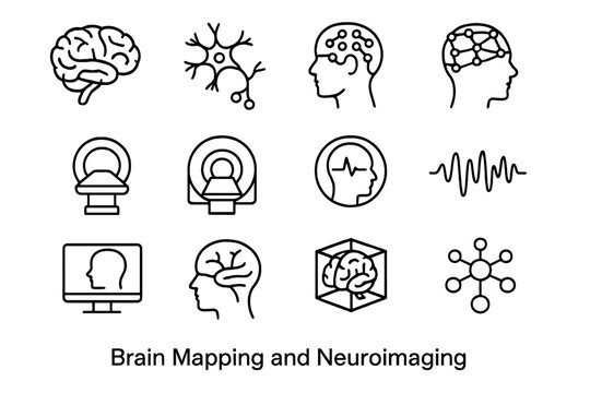 Neuroimaging Icon Set. Brain Mapping and Neuroimaging. Line outline icon set of Brain Mapping and Neuroimaging