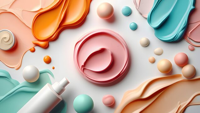 Cosmetic product photography for skincare beauty cream foundation and makeup pastel colors palette