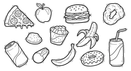 "Hand-Drawn Food Doodles in Fun Cartoon Style"