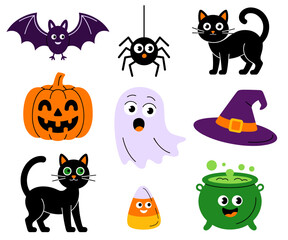 Cute spooky Halloween icons including bat, spider, black cats, pumpkin, ghost, witch hat, candy corn, and green cauldron, vector set