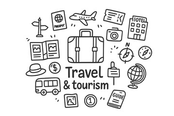 Travel Doodle Collage. Travel & tourism. Hand-drawn doodle illustration of Travel & tourism. In the middle,