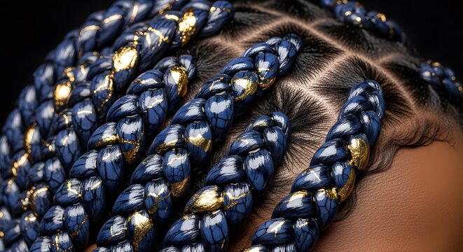 Close-up detail of luxurious blue box braids with shimmering gold accents africanhairstyle texture fashion beauty elegant ornate vibrant design